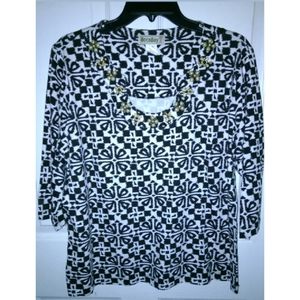 BocaBay Black White 3/4 Sleeve Beaded Blouse L